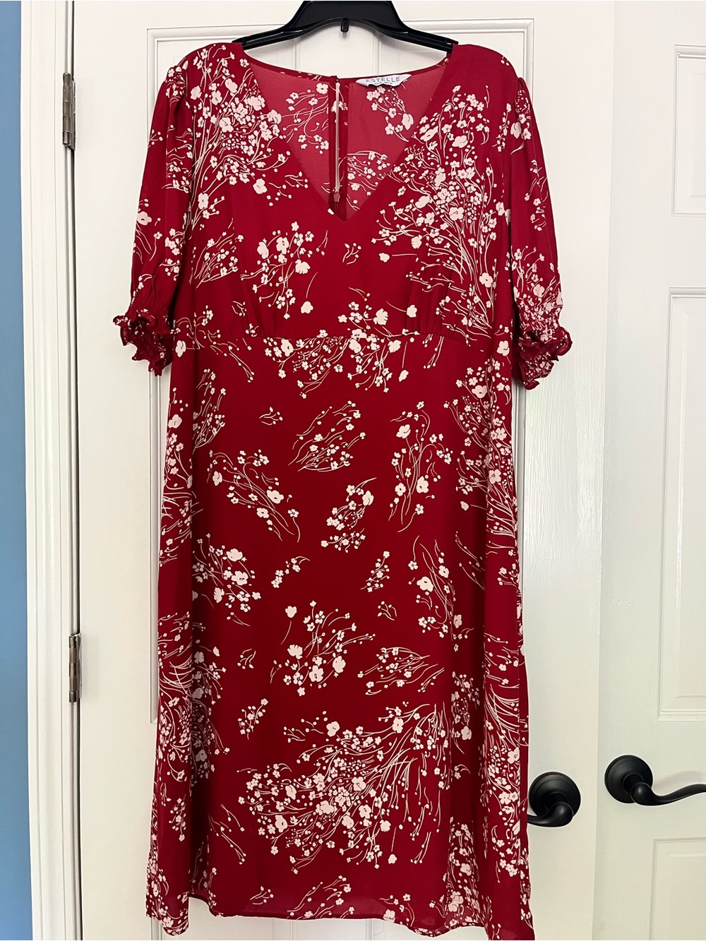 Estelle Red Floral Midi Dress with V-Neck and Ruched Sleeves